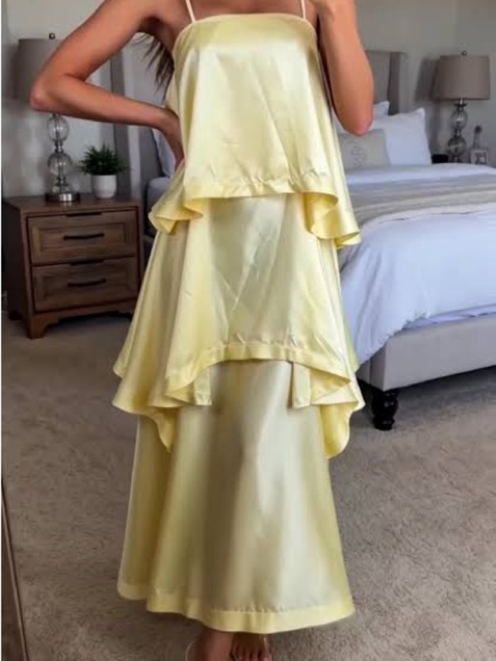 Layered Satin Maxi Dress in Pale Yellow